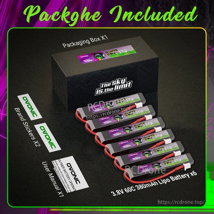 Package contents with Ovonic box, 6 LiPo batteries, brand stickers and user manual included