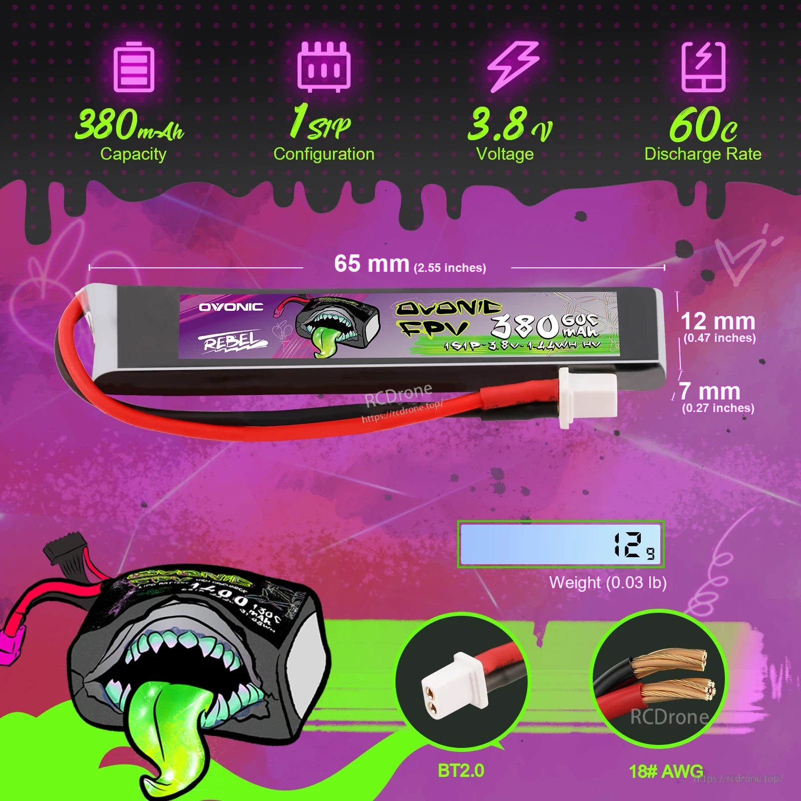 Ovonic Rebel 2.0 380mAh 1S LiHV 3.8V 60C BT2.0 micro LiPo battery with size and weight callouts