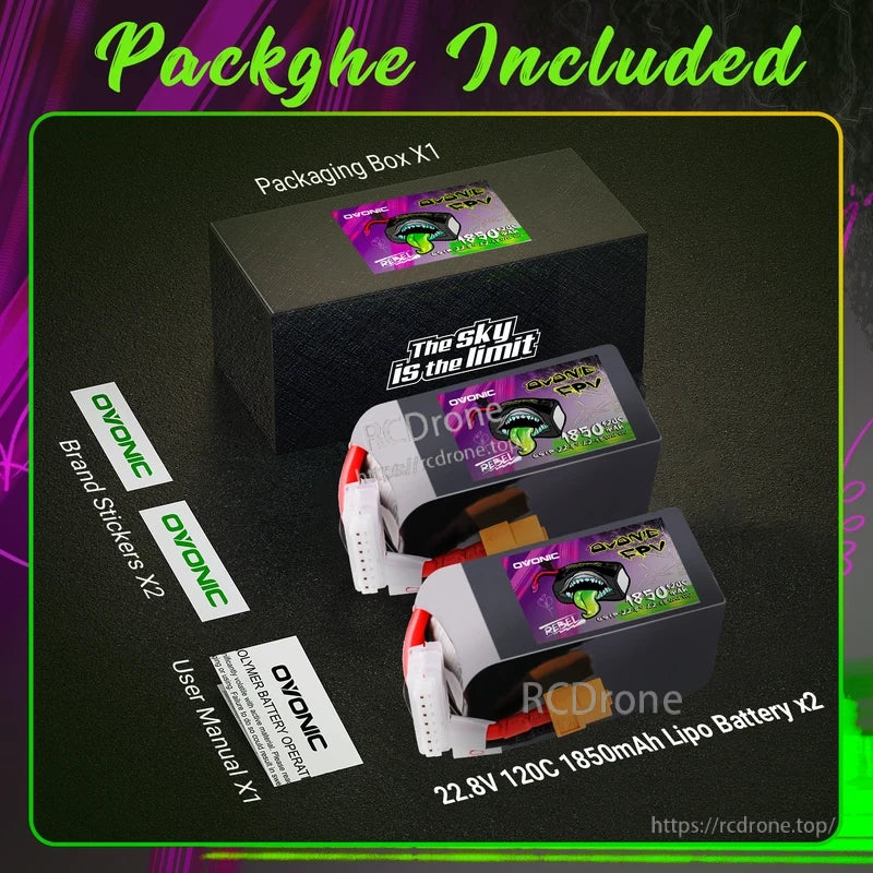 Package contents: two 6S LiPo batteries, packaging box, user manual, and Ovonic brand stickers