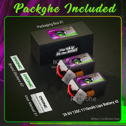 Package contents: two Ovonic Rebel 2.0 8S LiPo batteries, packaging box, user manual, and Ovonic brand stickers