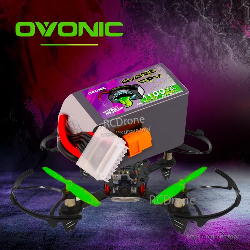 Ovonic Rebel 2.0 8S 1100mAh LiPo battery shown on FPV racing drone frame, XT60 and balance connector visible