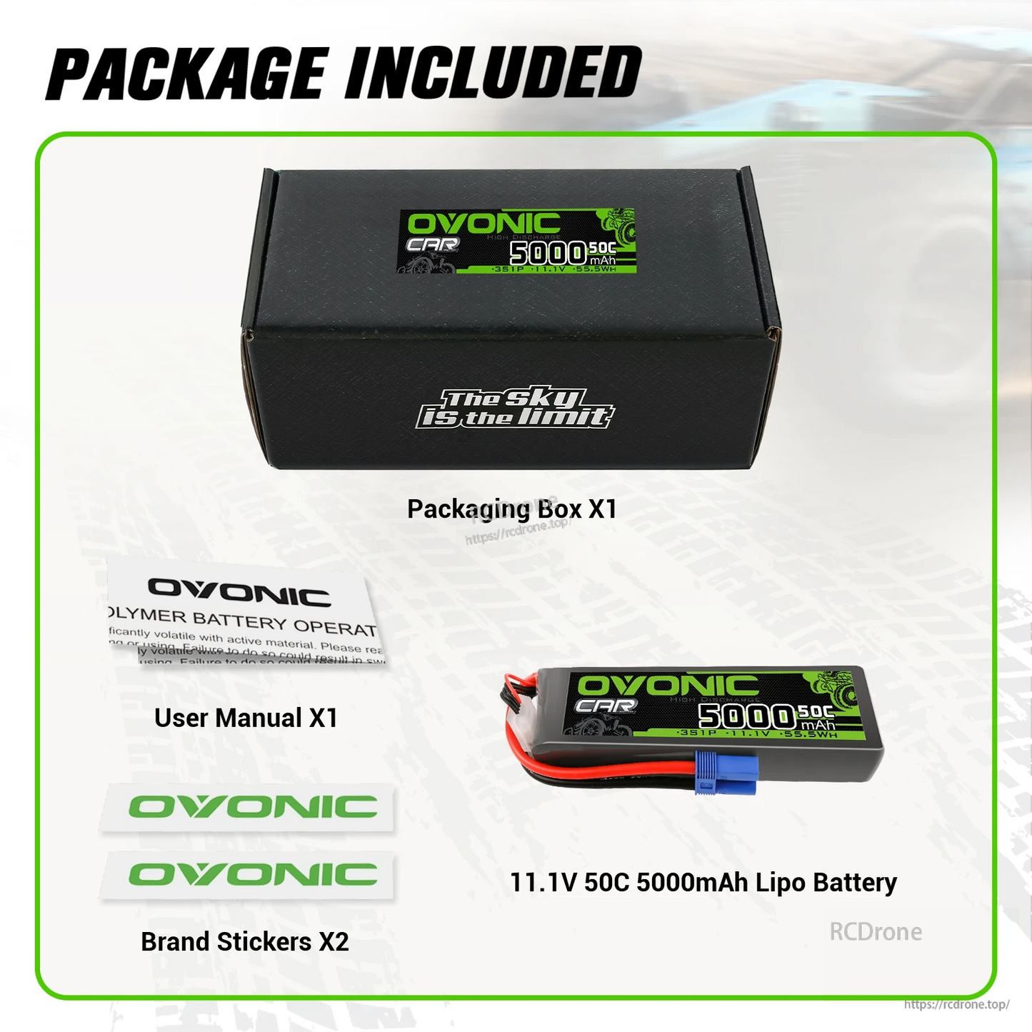 Package included: Ovonic battery, packaging box, user manual, and two Ovonic brand stickers