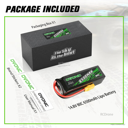 Package contents with Ovonic 14.8V 6500mAh LiPo battery, box, brand stickers, and user manual