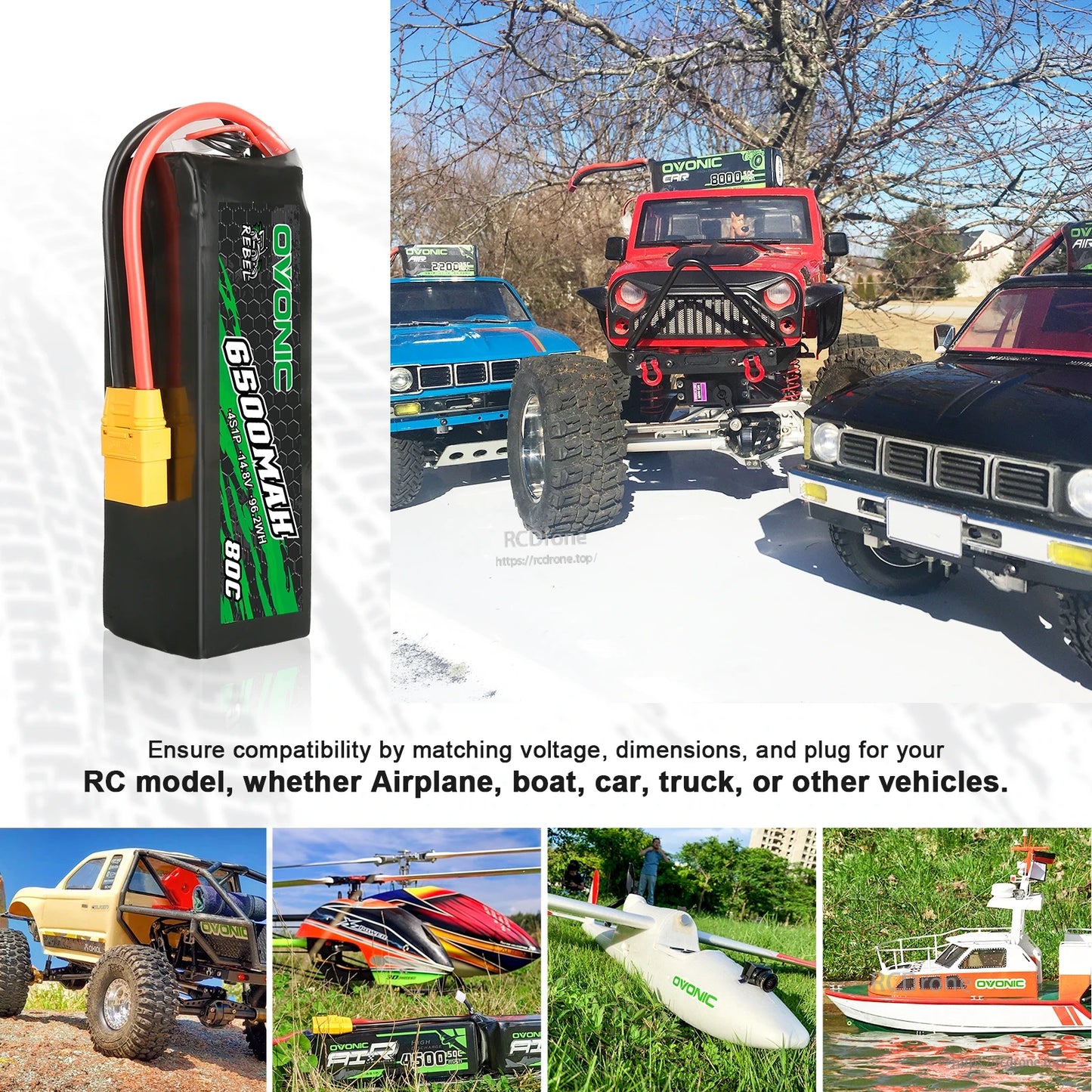 LiPo battery shown with RC cars, truck, helicopter, airplane, and boat application examples