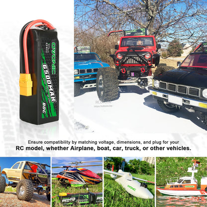 LiPo battery shown with RC cars, truck, helicopter, airplane, and boat application examples