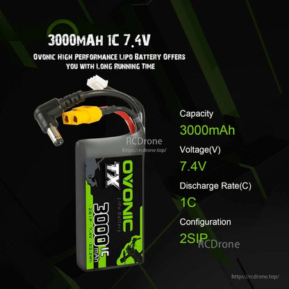 Specification graphic for Ovonic TX LiPo battery: 3000mAh capacity, 7.4V, 1C discharge rate, 2S1P configuration