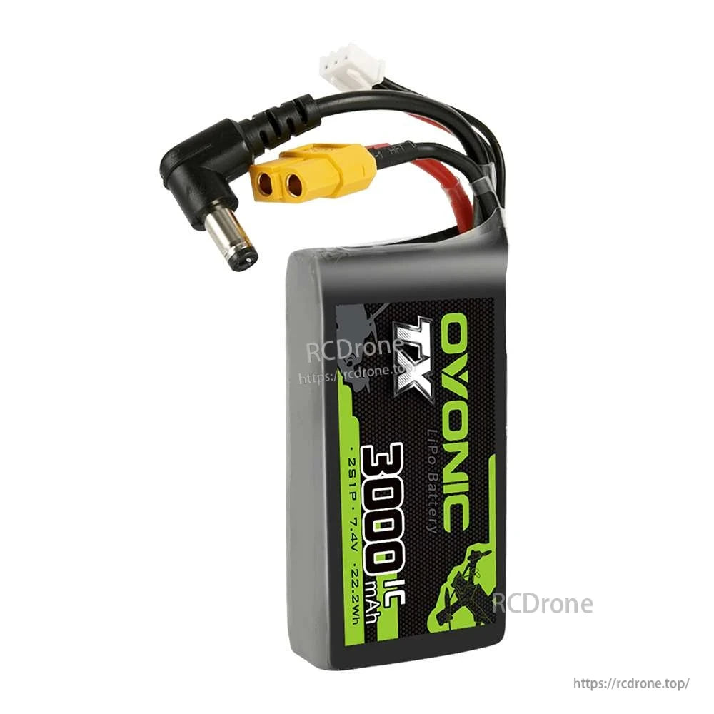 Close-up of Ovonic TX 3000mAh LiPo battery leads with XT60 connector, DC 5521 barrel plug, and balance plug