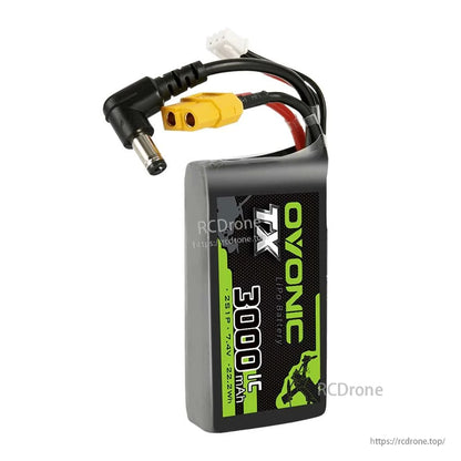 Close-up of Ovonic TX 3000mAh LiPo battery leads with XT60 connector, DC 5521 barrel plug, and balance plug