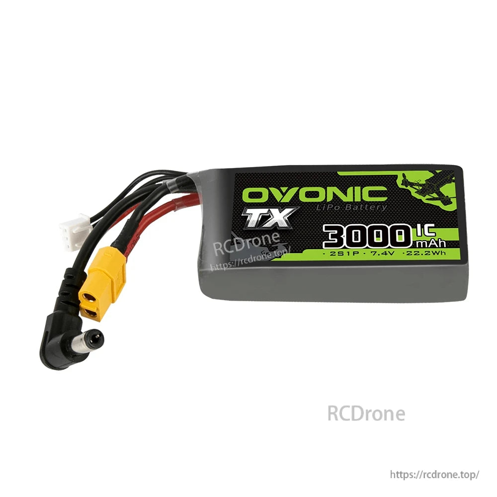 Ovonic TX 2S 3000mAh 7.4V LiPo battery side label showing 3000mAh 1C rating and 2S1P 7.4V