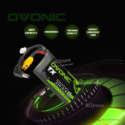 Ovonic TX 3000mAh 7.4V LiPo battery promotional graphic highlighting capacity, endurance, quality, and energy saving