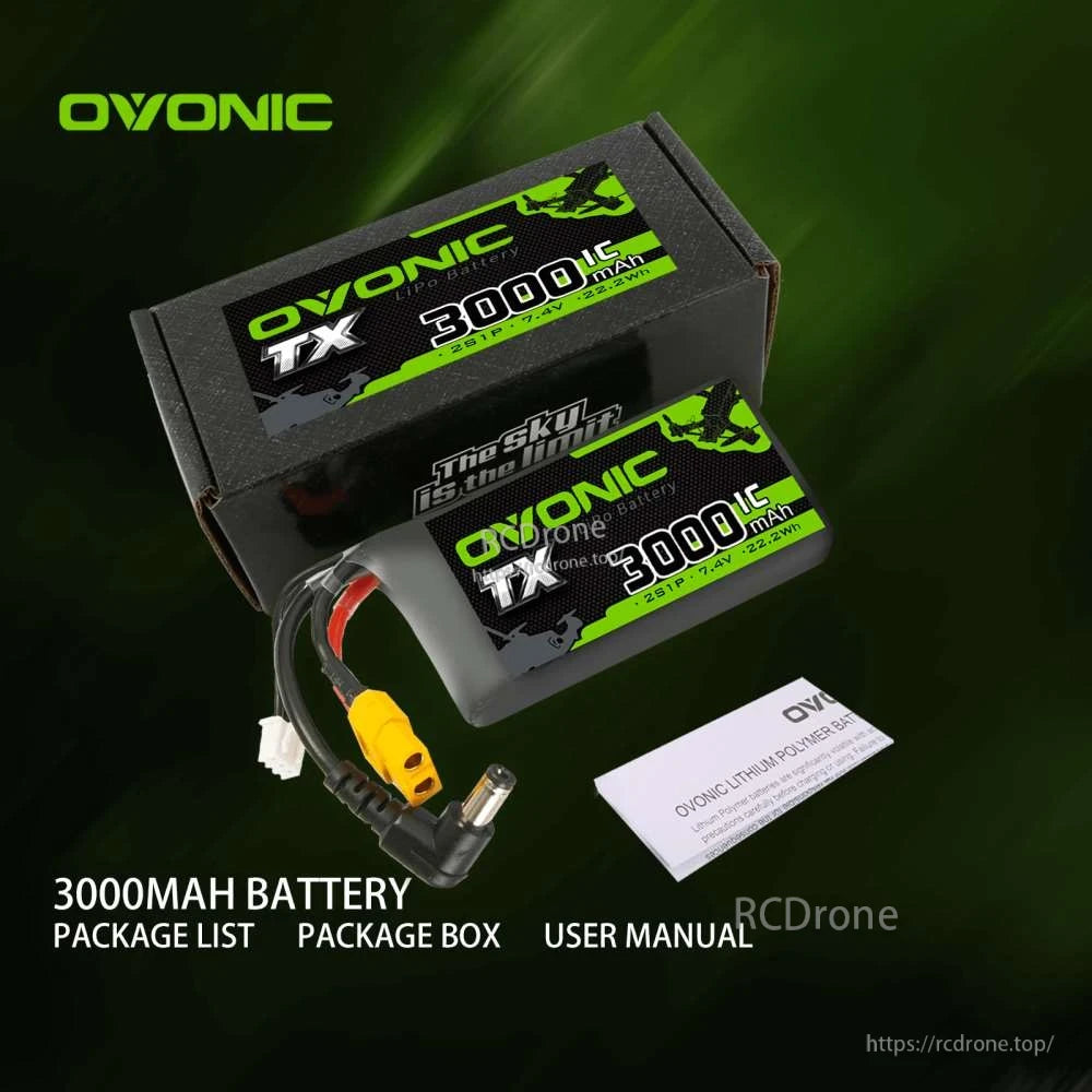 Package contents: Ovonic TX 3000mAh LiPo battery, product box, and user manual shown together