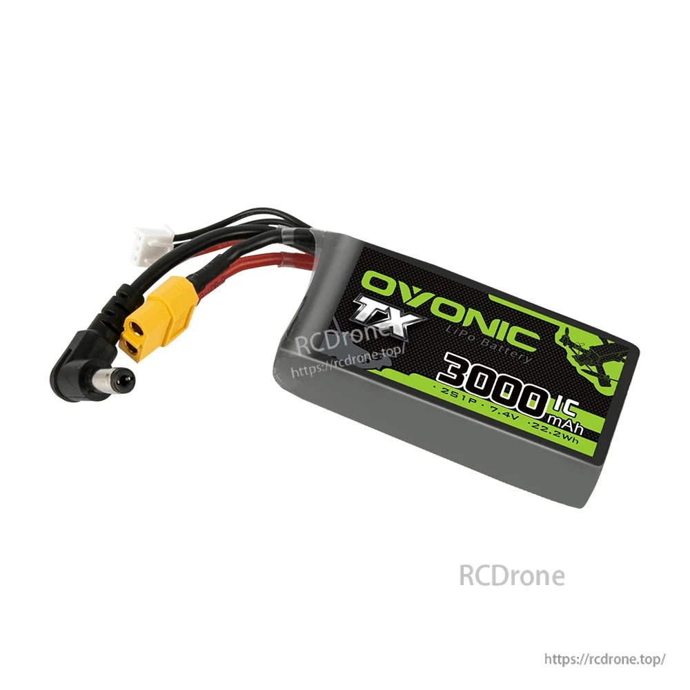 Ovonic TX 2S 3000mAh 7.4V 1C LiPo battery angled view with XT60 plug and DC 5.5x2.1mm lead