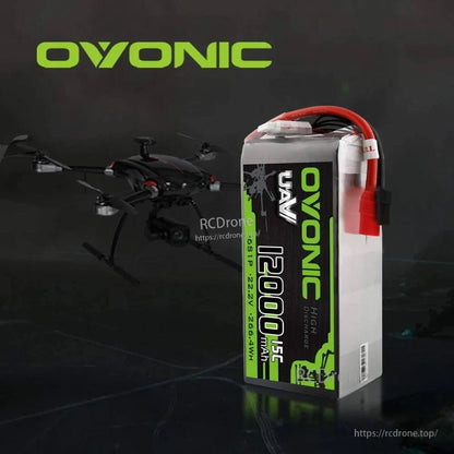 Ovonic 12000mAh 6S UAV LiPo battery standing next to multirotor drone graphic