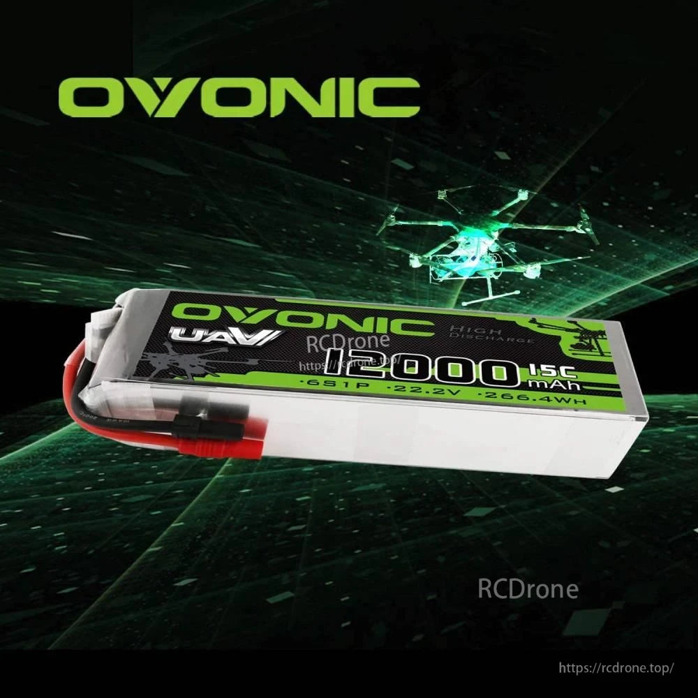 Side view of Ovonic UAV LiPo battery pack showing thickness and lead exit on end
