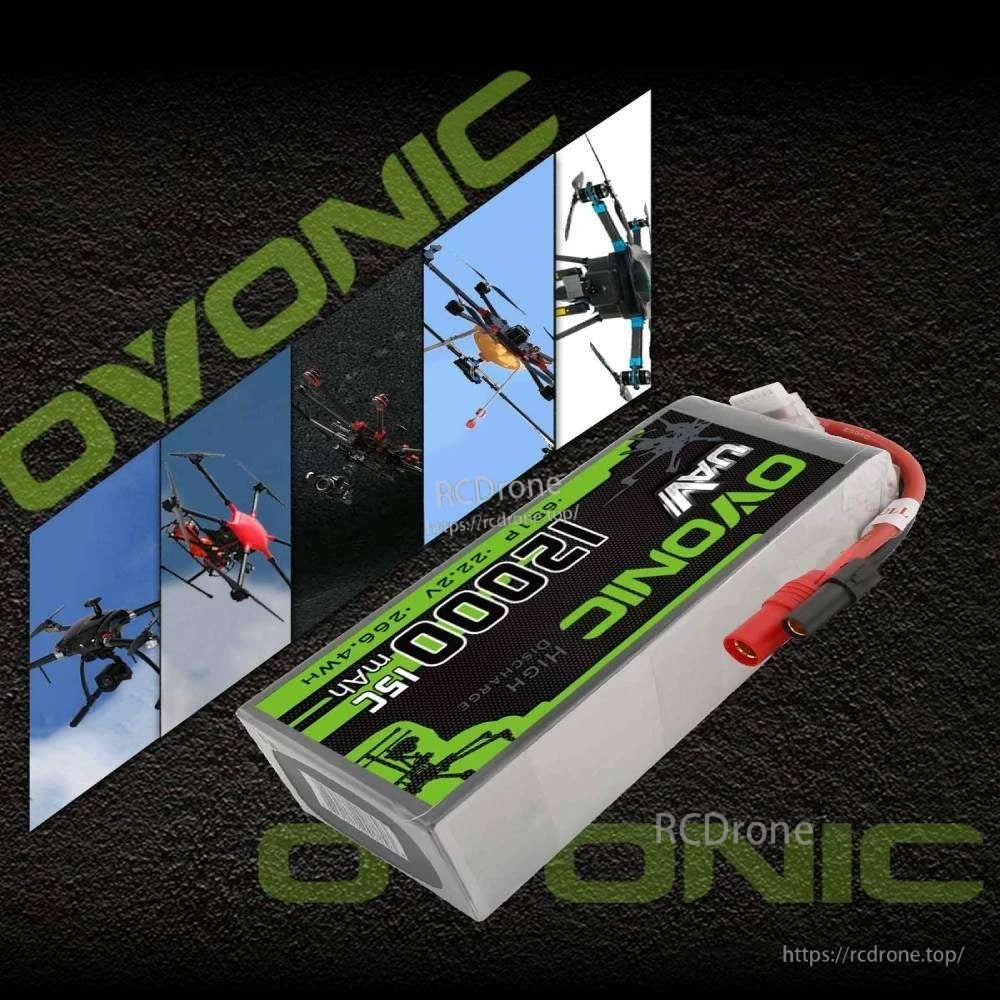 Ovonic UAV 12000mAh 6S LiPo battery shown with multirotor drone application collage