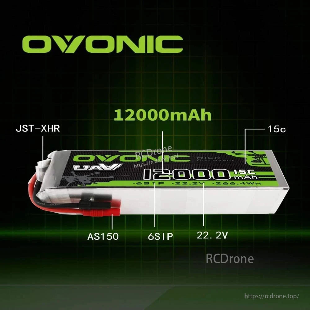 Battery spec callouts diagram: 12000mAh, 22.2V 6S1P, 15C, AS150 and JST-XHR connectors