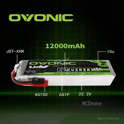 Battery spec callouts diagram: 12000mAh, 22.2V 6S1P, 15C, AS150 and JST-XHR connectors