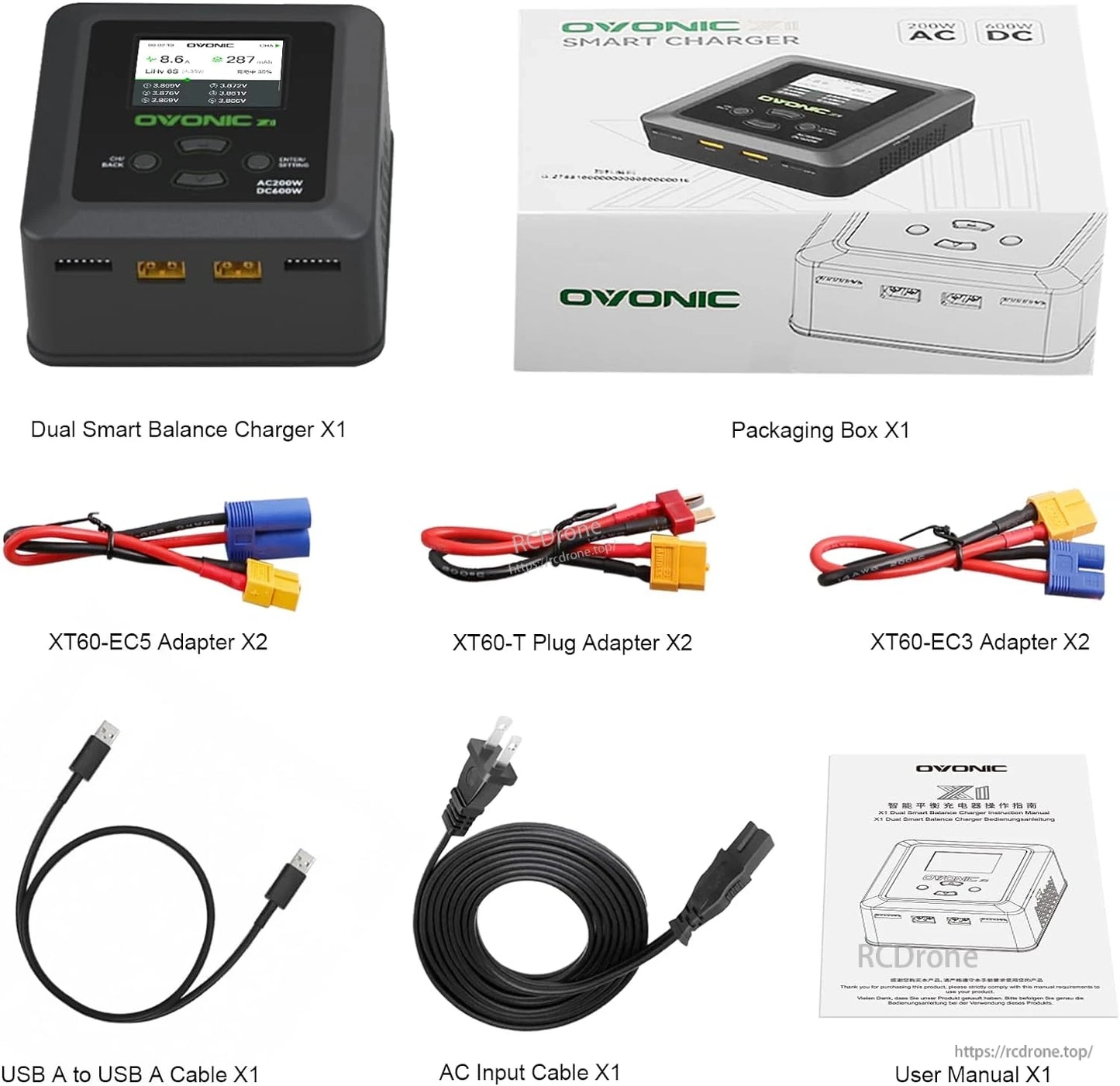 Ovonic X1 Dual-Channel Smart Balance Charger package contents with adapters, cables, and user manual