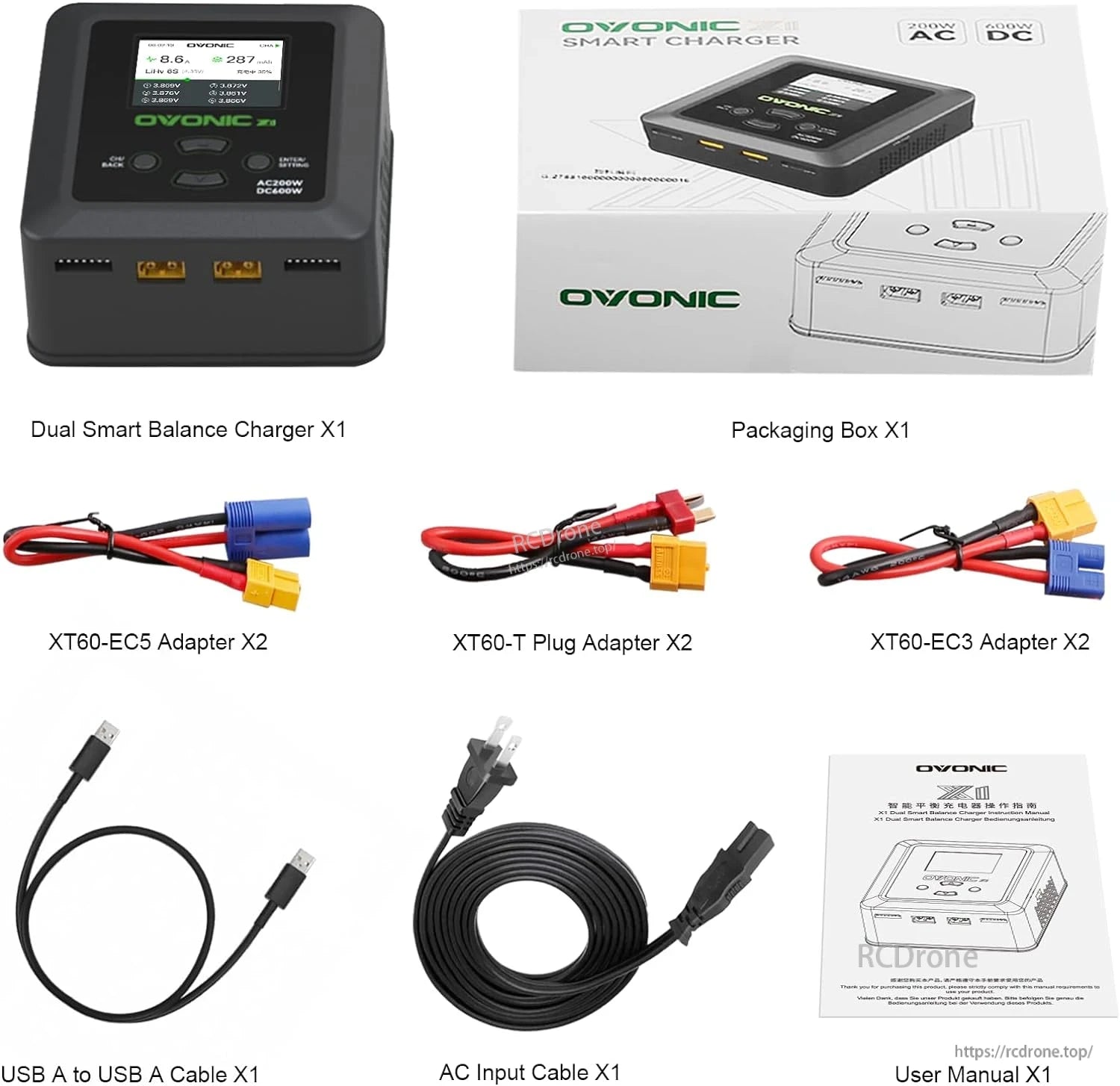 Ovonic X1 Dual-Channel Smart Balance Charger package contents with adapters, cables, and user manual