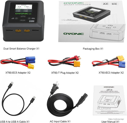 Ovonic X1 Dual-Channel Smart Balance Charger package contents with adapters, cables, and user manual