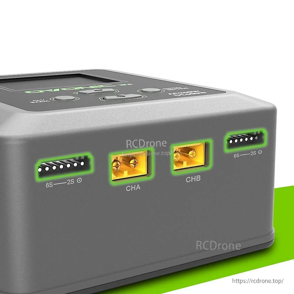 Close-up of front ports: CHA and CHB XT60 outputs and 2S–6S balance connectors