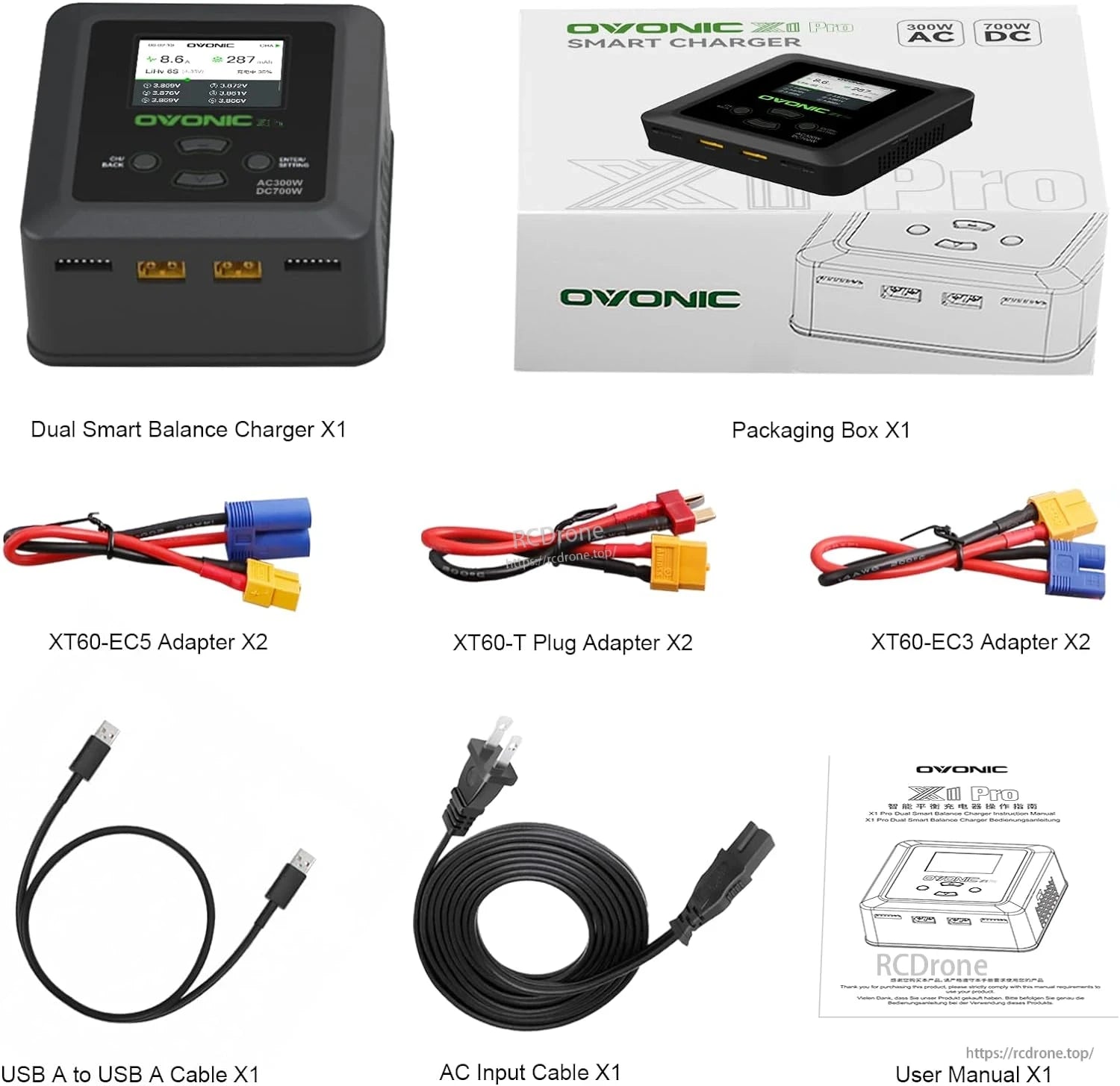 Package contents: X1 Pro charger, box, XT60 adapters, USB cable, AC power cord, and user manual
