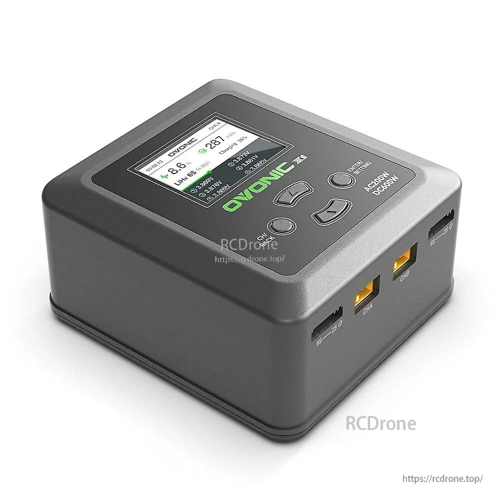 Angled top view of Ovonic X1 Pro smart balance charger showing display, buttons, and AC/DC power rating label