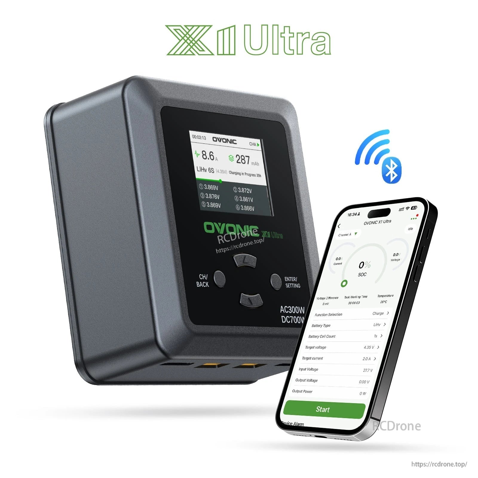 Ovonic X1 Ultra Bluetooth Smart Charger - AC 300W/DC 700W 16A 1S-6S LiPo/LiFe/Li-ion/NiMH App-Controlled Charger for RC Racing & FPV Drones
