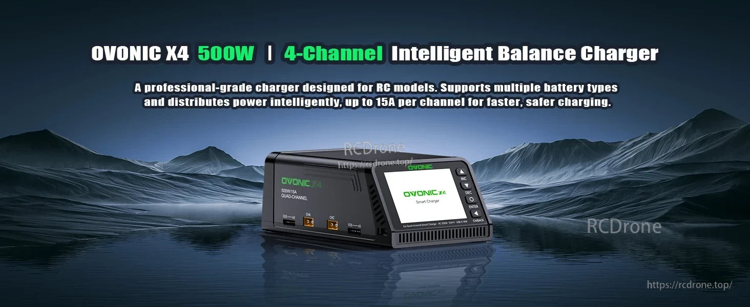 OVONIC X4 500W 4-Channel AC Smart Balance Charger with color display and front output ports