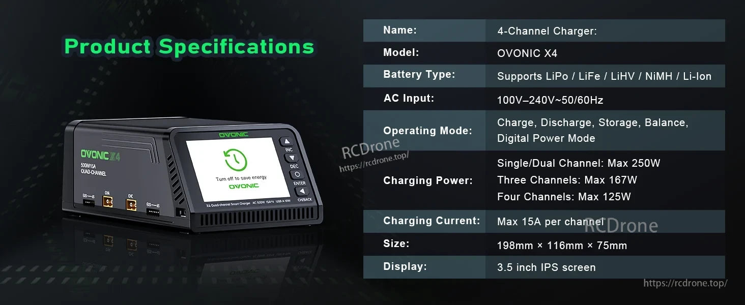 OVONIC X4 product specification chart with charging modes, output power, current, and dimensions
