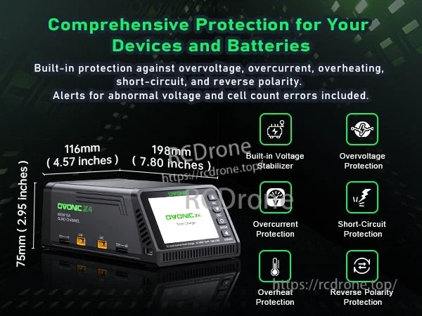 OVONIC X4 charger dimensions and integrated battery protection features