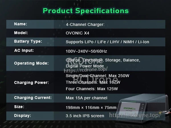 OVONIC X4 specifications listing AC input, battery types, charging power, and display size