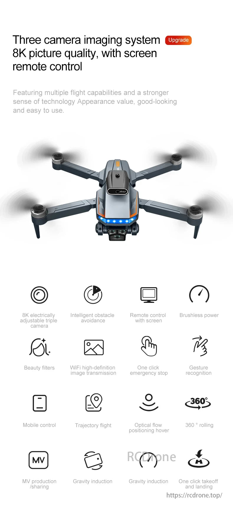 P18 Drone, An advanced drone with a three-camera 8K system, intelligent features like obstacle avoidance, WiFi transmission, one-click stop, mobile control, and 360° rolling capability.