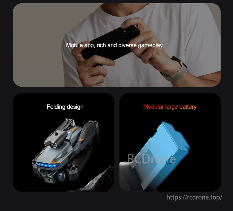 P18 Drone, Mobile app, rich gameplay. Folding design. Modular large battery for extended use.
