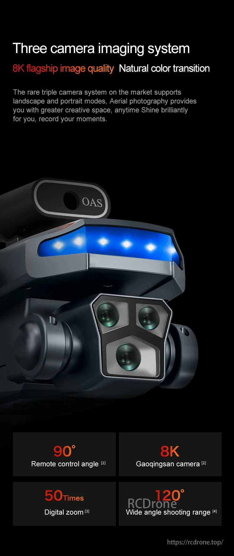 P18 Drone, A 3-camera system provides 8K quality, natural colors, landscape/portrait modes, aerial photography, 90° control, 50x zoom, and 120° wide-angle.