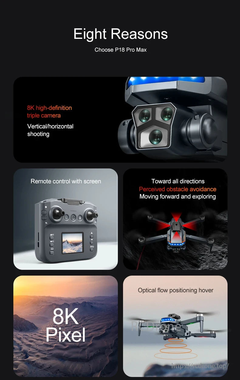 P18 Drone, P18 Pro Max features 8K triple camera, screen-equipped remote control, obstacle avoidance, optical flow positioning, and amazing 8K photography.