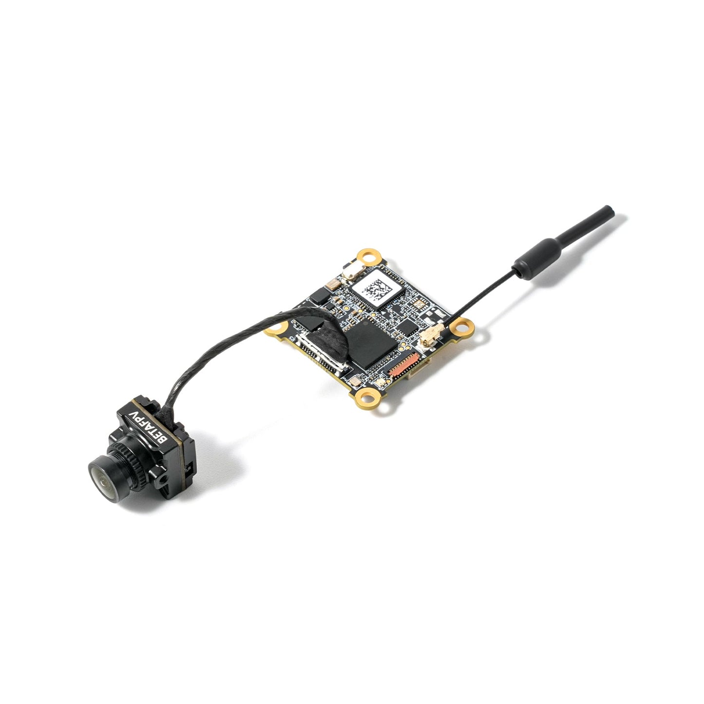 BETAFPV P1 Air Unit HD VTX with FPV camera and antenna, angled view of VTX board