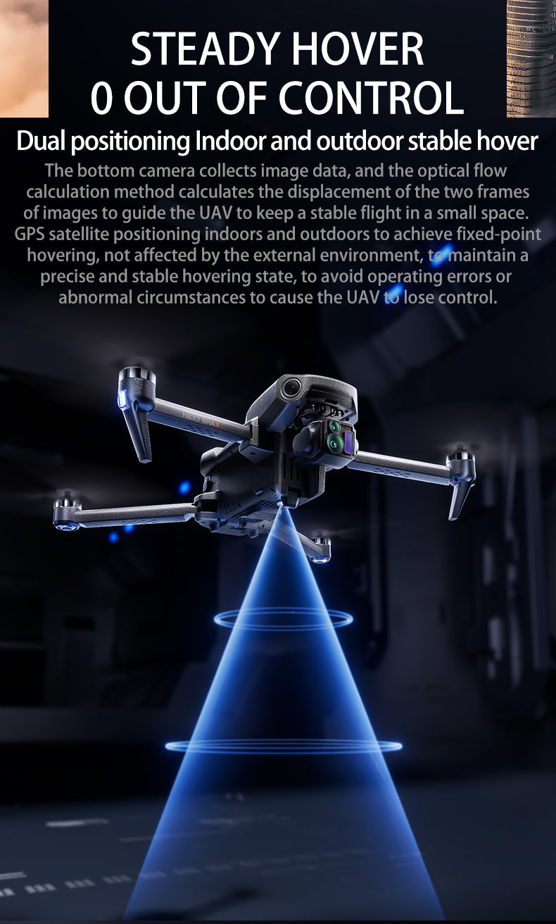 The SMRC P7 Max Drone features Steady Hover technology for stable flight, using camera data and GPS to maintain a steady hover.