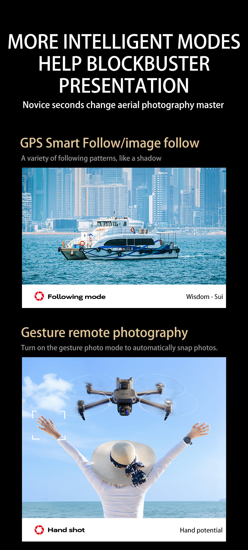 SMRC P7 Max Drone, The MORE INTELLIGENT MODES help enhance presentation with GPS and camera features like Smart Follow and Wisdom Follow modes.