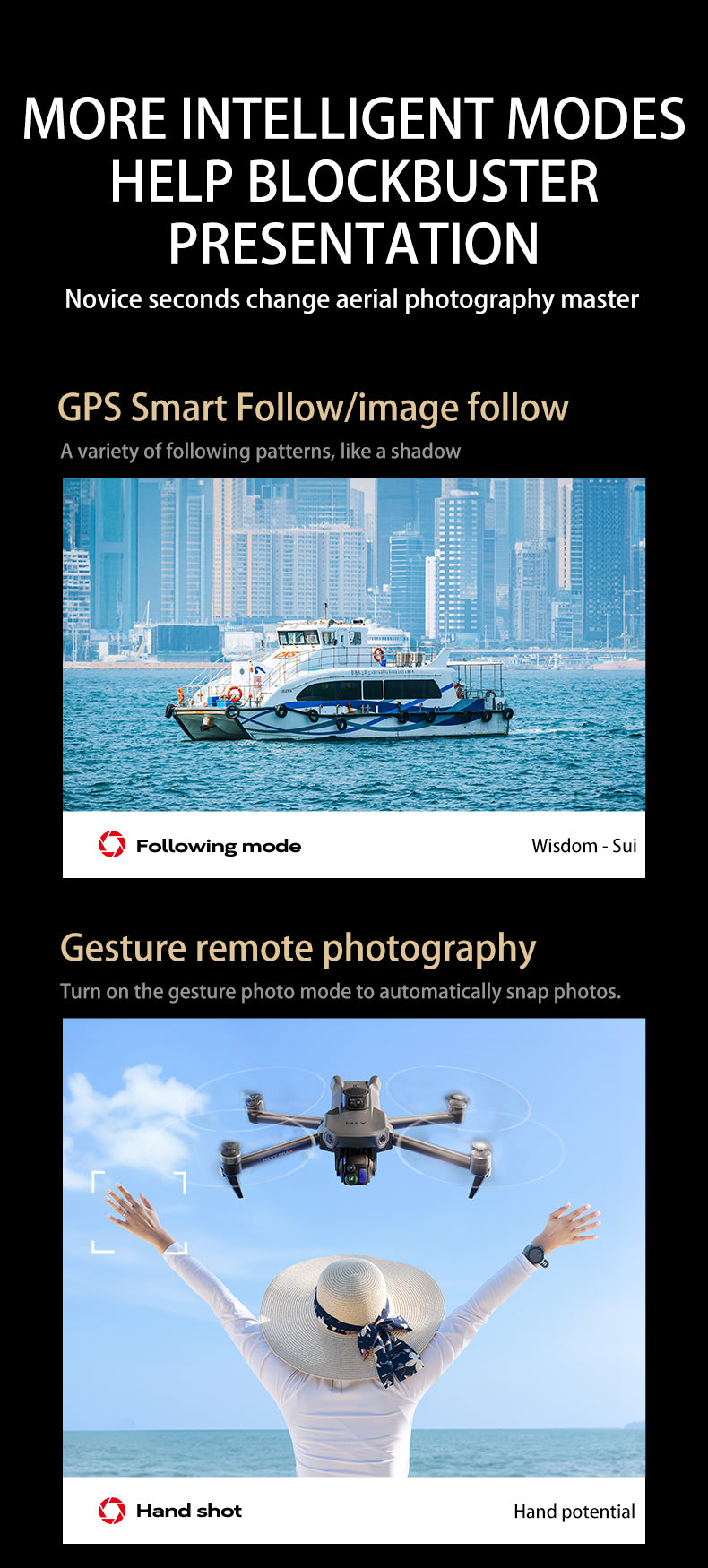 SMRC P7 Max Drone, The MORE INTELLIGENT MODES help enhance presentation with GPS and camera features like Smart Follow and Wisdom Follow modes.