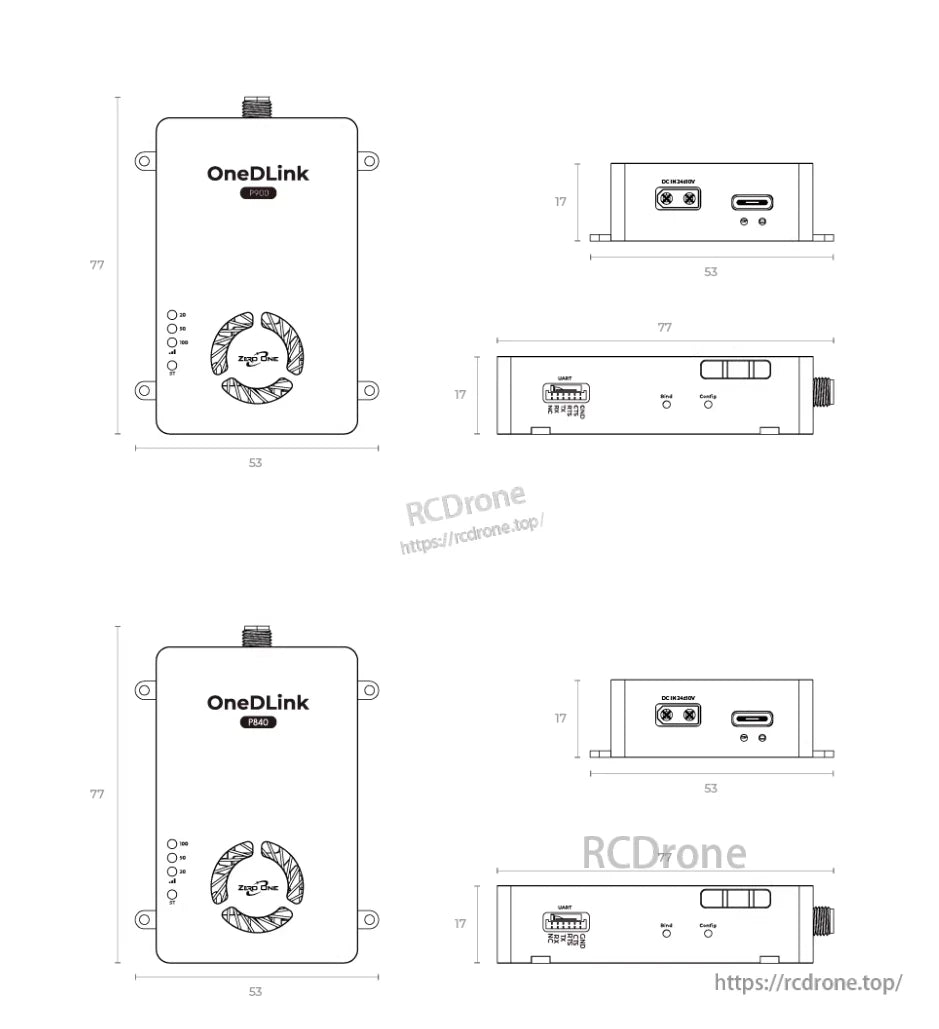 P900 Data & Video Link, Specifications for OneDLink P900/P840 modules: wireless communication, transmission protocol, and features for long-range drone data transmission.