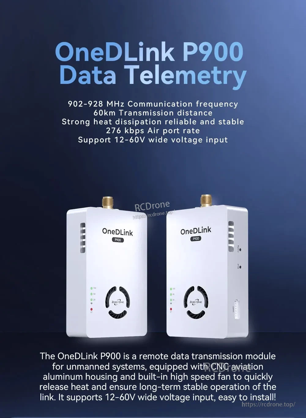 P900 Data & Video Link, The OneDLink P900 offers 60 km range, 276 kbps air rate, robust design, and wide voltage input for reliable long-range drone telemetry.