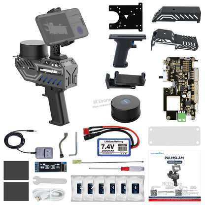 Kit contents layout with PALMSLAM handheld body, round LiDAR module, controller board, battery, cables, tools, manual