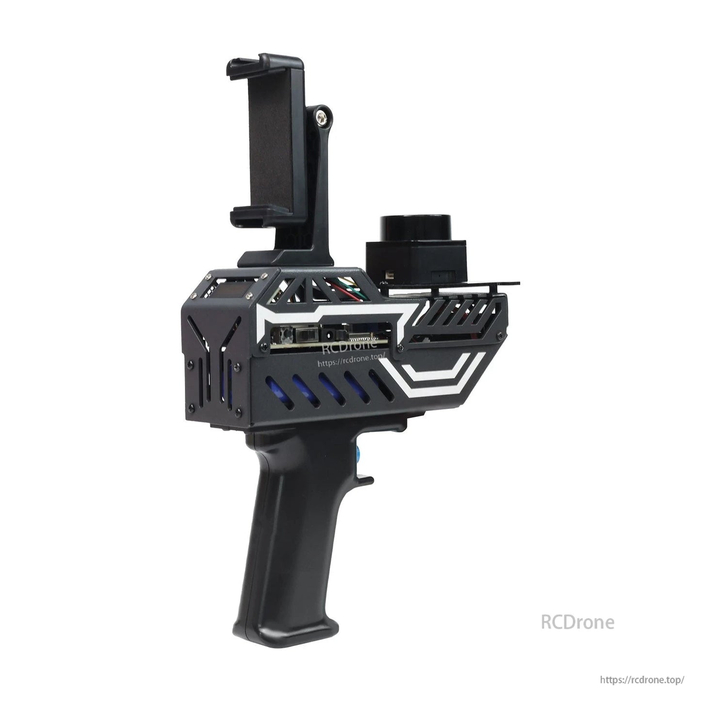 Side view of PALMSLAM handheld unit with top phone holder and cylindrical LiDAR module mount