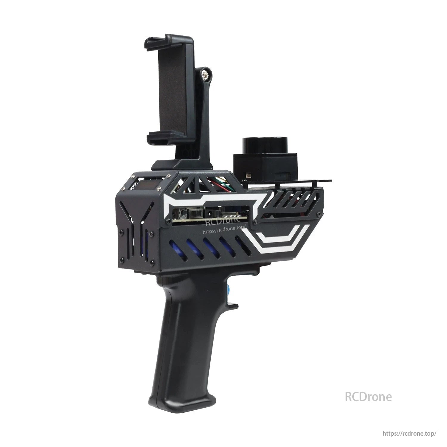Side view of PALMSLAM handheld unit with top phone holder and cylindrical LiDAR module mount
