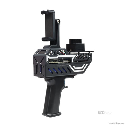 Side view of PALMSLAM handheld unit with top phone holder and cylindrical LiDAR module mount