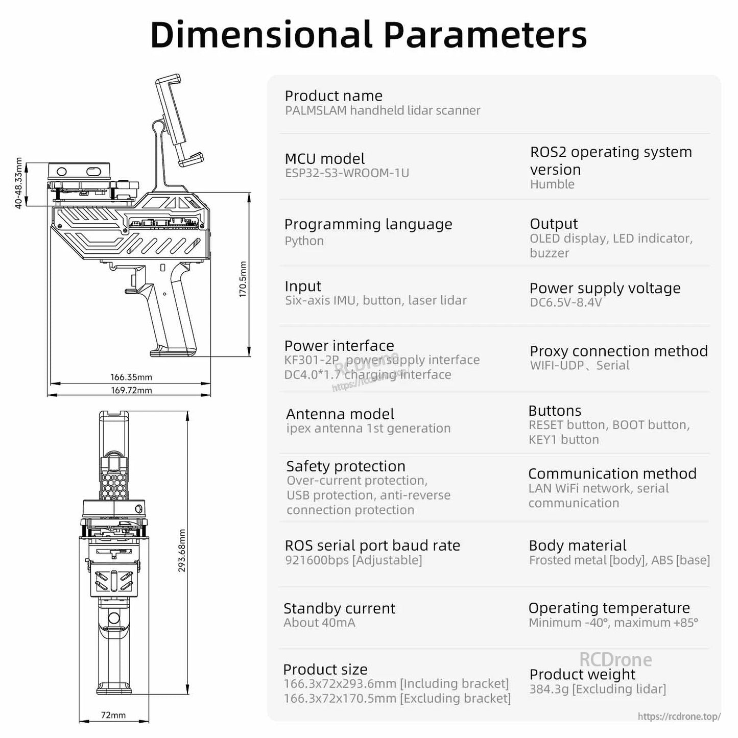 Dimensional parameters and spec table for PALMSLAM handheld lidar scanner (ports, power, weight, size)