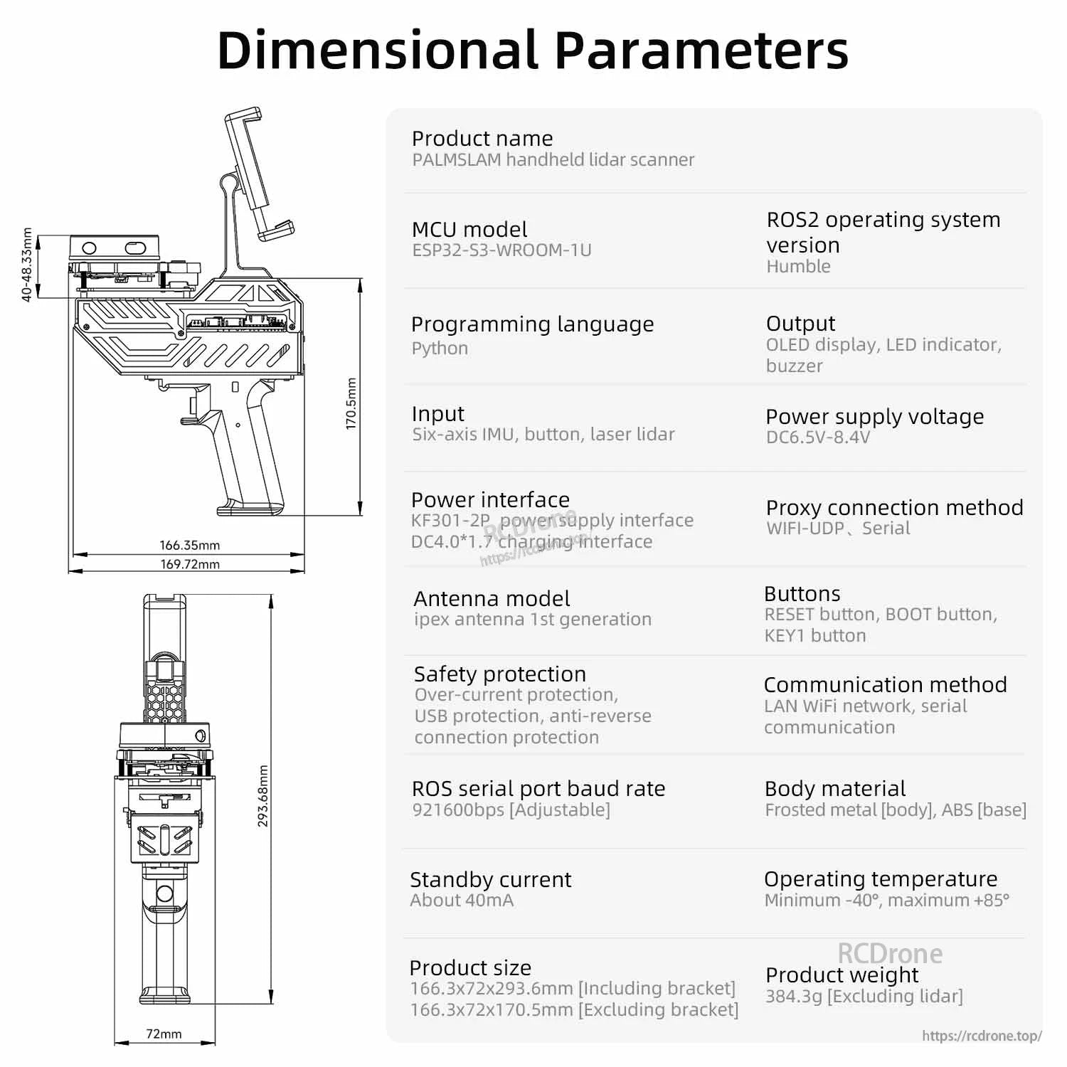 Dimensional parameters and spec table for PALMSLAM handheld lidar scanner (ports, power, weight, size)