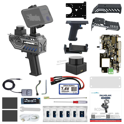Kit contents with handheld body, rectangular LiDAR sensor module, controller board, battery, cables, tools, manual