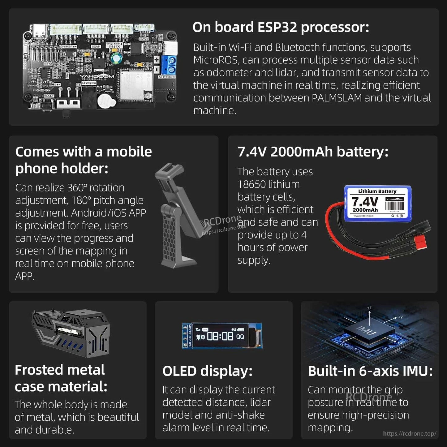 PALMSLAM handheld LiDAR scanner feature overview: ESP32, phone holder, 7.4V battery, OLED, 6-axis IMU, metal case